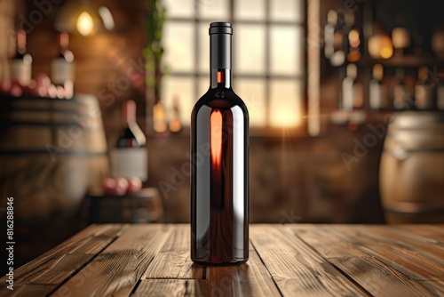 A bottle of wine is sitting on a wooden table in a dimly lit room