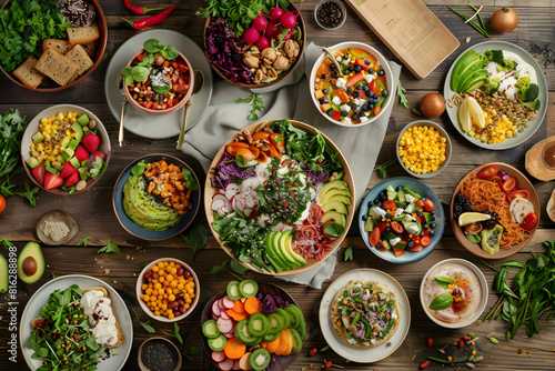 Savoring the Rainbow: An Array of Vibrant Vegan Dishes on a Rustic Table photo