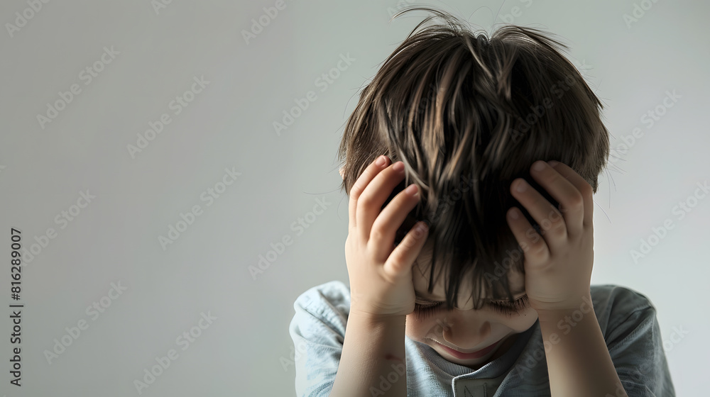 Upset problem child with head in hands concept for childhood bullying depression stress or frustration with white background : Generative AI Upset problem child with head in hands concept for childhood bullying depression stress or frustration with white background : Generative AI