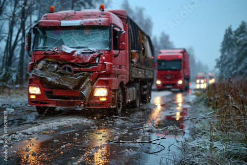Wrecked cargo trucks on icy winter road