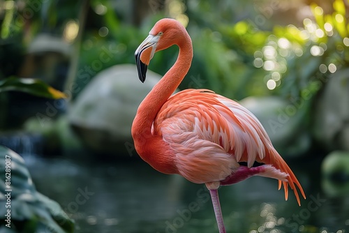 Flamingo Wading in Tropical Water Setting 