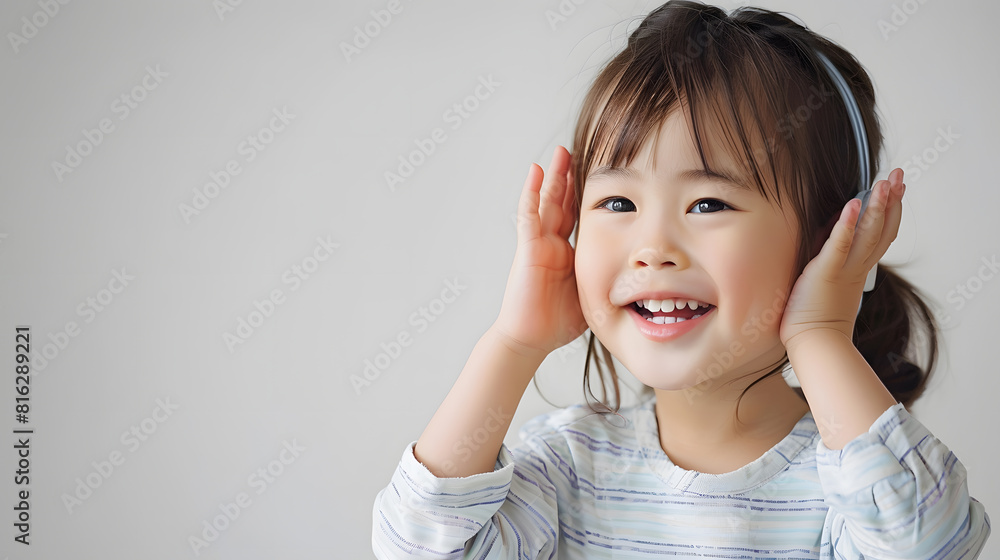Beautiful child girl wearing casual clothes smiling with hand over ear listening and hearing to rumor or gossip deafness concept : Generative AI Beautiful child girl wearing casual clothes smiling with hand over ear listening and hearing to rumor or gossip deafness concept : Generative AI