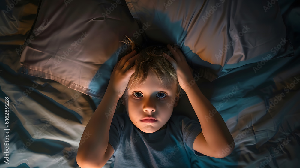 The child was scared before going to bed Night terrors in a child The kid covers his face with his hands in a fear Childrens experiences Boy in the bed View from above Sad psychologica : Generative AI The child was scared before going to bed Night terrors in a child The kid covers his face with his hands in a fear Childrens experiences Boy in the bed View from above Sad psychologica : Generative AI