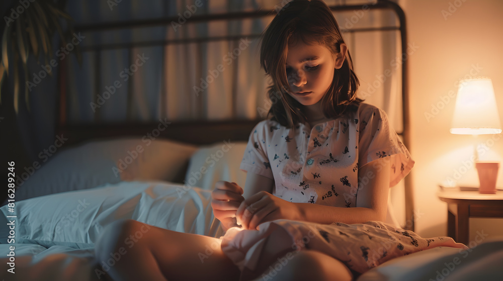 Close Up Of Young Diabetic Girl Sitting On Bed In Bedroom At Home Using Kit To Check Insulin Levels : Generative AI Close Up Of Young Diabetic Girl Sitting On Bed In Bedroom At Home Using Kit To Check Insulin Levels : Generative AI