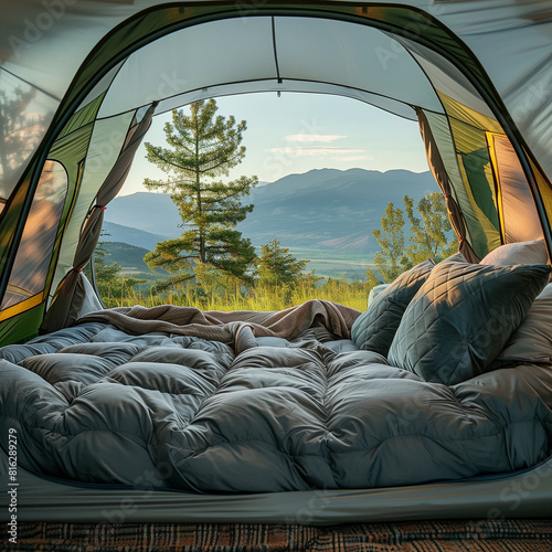 tent with bed and landscape background