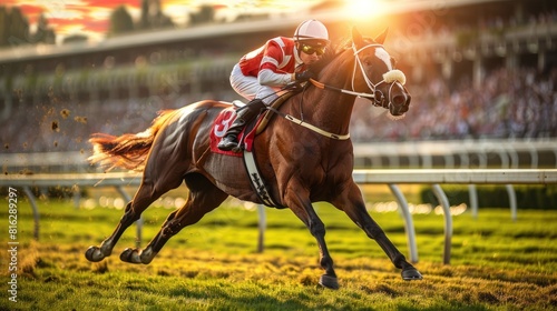 Horse racing with jockeys on horse racing field at sunset