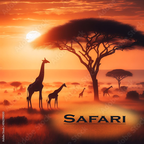 Tourist poster Safari. Giraffes at sunset in Africa.