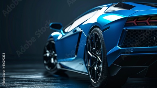 Fototapeta Naklejka Na Ścianę i Meble -  blue generic unbranded luxury sport car on a very dark black background, banner 