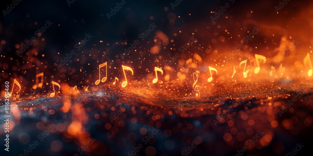 Blowing musical notes floating amidst a mesmerizing background of fiery orange bokeh lights, evoking the ethereal beauty of music in a visual form.
