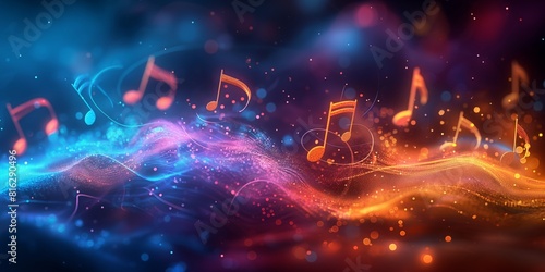 Blowing musical notes floating amidst a mesmerizing background of fiery orange bokeh lights  evoking the ethereal beauty of music in a visual form. 