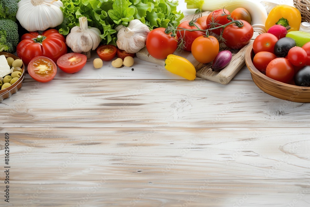 A rustic wood table featuring a spread of vegetarian tapas with a banner space above for text A rustic wood table featuring a spread of vegetarian tapas with a banner space above for text