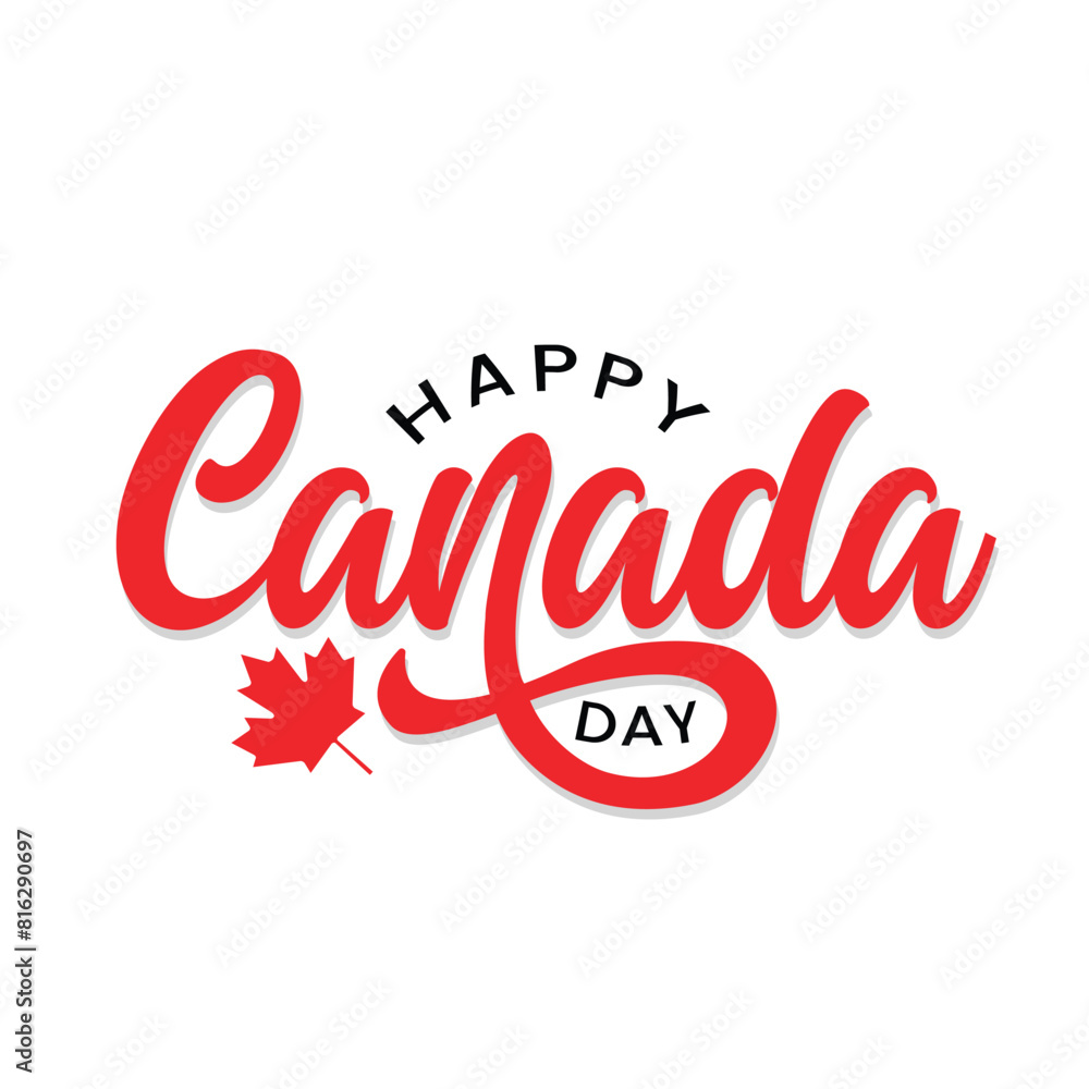 Happy Canada Day typography logo with red a maple leaf vector. handwritten lettering for celebrating Canada day on first July. Greeting card, poster, banner. red color background. Happy Canada Day typography logo with red a maple leaf vector. handwritten lettering for celebrating Canada day on first July. Greeting card, poster, banner. red color background.