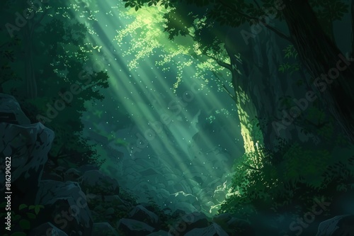 A Japanese animation-style fantasy image of sunlight entering a lush green forest.