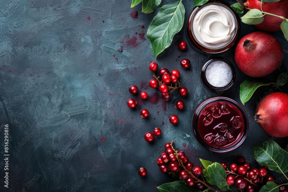 pomegranate and berry skincare products on a dark textured background pomegranate and berry skincare products on a dark textured background