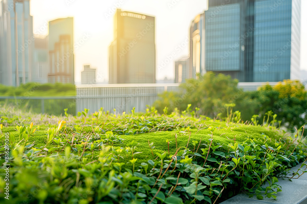 A Green Roof On A High-rise Building With A View Of The City, Urban Environment, Sustainable Architecture, Eco-friendly Construction, Rooftop Garden A Green Roof On A High-rise Building With A View Of The City, Urban Environment, Sustainable Architecture, Eco-friendly Construction, Rooftop Garden