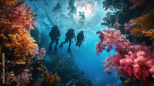 Coral reef under the sea and divers beside it  AI generated Image