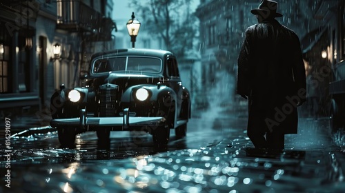 A noirinspired shot of a mafia boss stepping out of a classic 1950s car, hat tipped low, as rain slicks the cobblestone streets around him, Close up photo