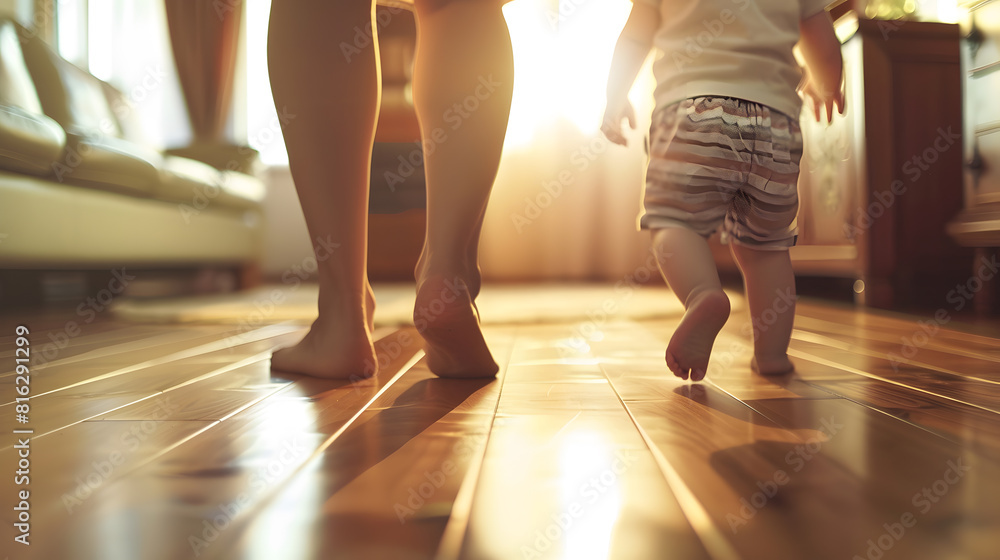 Caring mother holding cute little baby daughter or son hands make first steps together Happy adorable kid child learn walking on wooden floor in home with mom copy space Childhood conc : Generative AI Caring mother holding cute little baby daughter or son hands make first steps together Happy adorable kid child learn walking on wooden floor in home with mom copy space Childhood conc : Generative AI