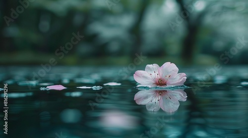 A poetic image of a single cherry blossom petal floating on the surface of a still pond  reflecting the trees lining the shore  Close up