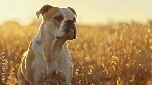 A portrait of a strong American Bulldog standing proudly in a sunlit field, its muscular build and attentive gaze highlighted, Close up