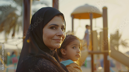 Cinematic image of a woman from the emirates with her children having fun at the playground : Generative AI
