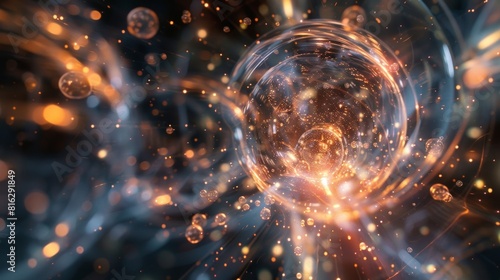 A burst of particles exploding outwards captured in the confines of a bubble chamber and immortalized as a work of art.