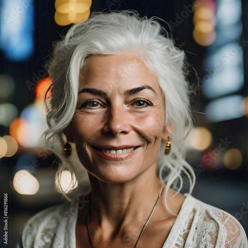 stupendo ritratto di donna di mezza età con capelli bianchi raccolti viso sorridente con rughe di espressione naturale su sfondo sfuocato urbano in città notturna photo