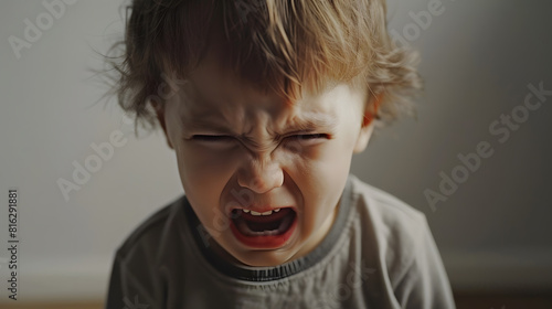 Tantrum and Angry boy at homeDepressed toddler complainingAttention deficit hyperactivity disorder ADHD Conceptkid child raised Crying for attention : Generative AI photo