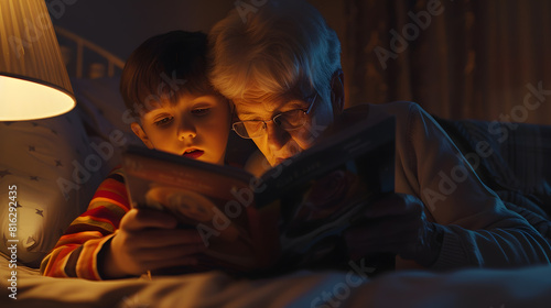 Grandmother and grandson looking photo album : Generative AI