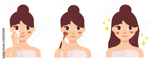 Set of woman applying makeup with a brush. Skin care concept, beauty treatments.