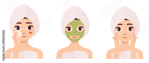 The girl does moisturizing procedures. Facial skin care. Anti-acne remedy. Vector flat illustration.