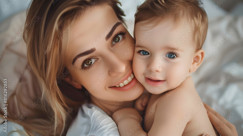 a young beautiful mother with a baby boy hugging on the bed at home in the bedroom mothers care and love portrait of a happy mother with a child healthy motherhood : Generative AI a young beautiful mother with a baby boy hugging on the bed at home in the bedroom mothers care and love portrait of a happy mother with a child healthy motherhood : Generative AI