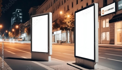 Empty white blank billboard digital sign poster mockup on urban street at night for advertising  marketing created with generative ai