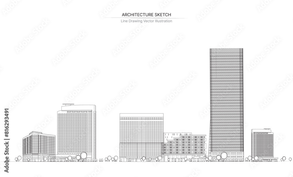 Naklejka premium Architecture line drawing. Cityscape Sketch, Vector Sketch. Architecture Illustration.