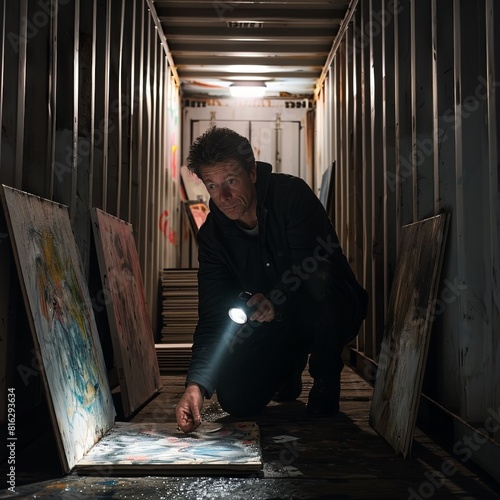 Realistic color photograph of a man with a flashlight looking at paintings and drawings hidden inside a rusty shipping container. From the series �Quest.