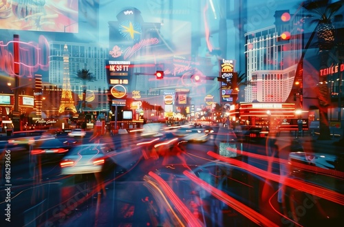 Nighttime photo of a Las Vegas street, cars and lights, neon signs, multiple exposure, double Exposure, motion blur. From the Series �Cosmic Living," "The Strip.�