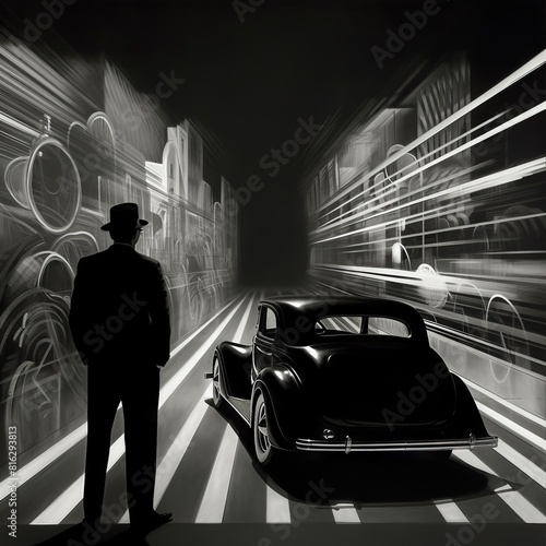 Black and white film noir poster of a man in silhouette with a vintage car facing a narrow alley, hallucinatory, time lapse. From the series �Twilight Zone.