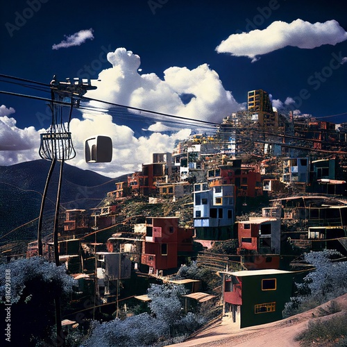Realistic outdoor color photograph of a mountainous landscape with colorful small houses built up on hillsides reached by funicular. From the series �Lost Cities of Central Asia.