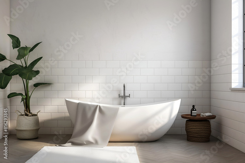 Interior Modern Bathroom  Empty Wall Mockup In White Room With Sleek  Tiled Walls And A Freestanding Tub  3d Render Real Room Template