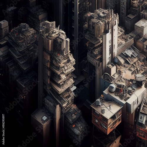 Aerial view color photograph of alien city skyscrapers with enigmatic architecture and disintegrated digital glitch detail. From the series �Machine City.� photo