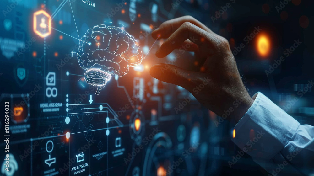 Businessman touching the brain working of Artificial Intelligence (AI) Automation, Predictive analytics, Customer service AI-powered chatbot, analyze customer data, business and technology. Businessman touching the brain working of Artificial Intelligence (AI) Automation, Predictive analytics, Customer service AI-powered chatbot, analyze customer data, business and technology.