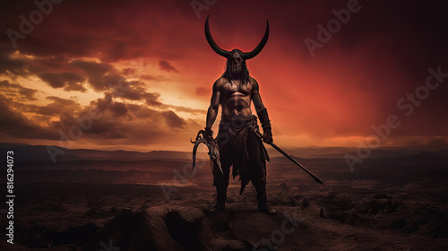 Full body portrait of a lone warrior, with a menacing demon emerging from their shadow, amidst a desolate battlefield under a blood-red sky, the tension palpable with a sense of impending conflict, Ph