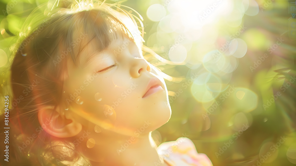 Fototapeta premium Child breathing fresh air Child faith praise and happiness and freedom Kid resting in summer park Kid put face to the sun closed her eyes and feeds energy of nature dreams : Generative AI
