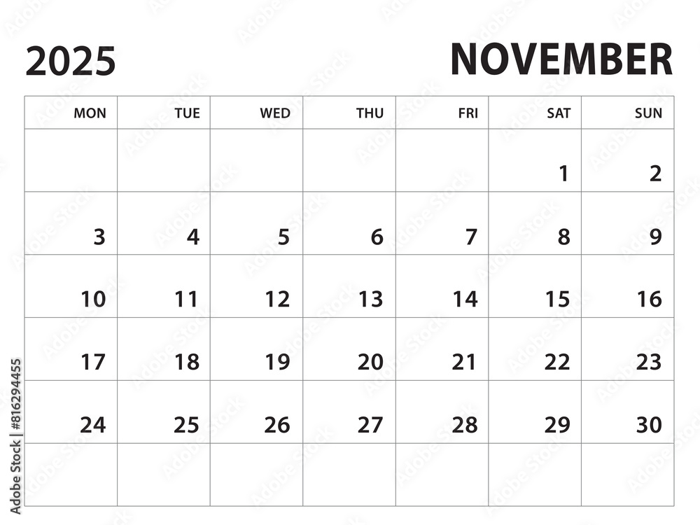 Calendar 2025 template - November 2025 vector on white background, week start on monday, Desk calendar 2025 year, Wall calendar design, corporate planner template, clean style, horizontal template Calendar 2025 template - November 2025 vector on white background, week start on monday, Desk calendar 2025 year, Wall calendar design, corporate planner template, clean style, horizontal template