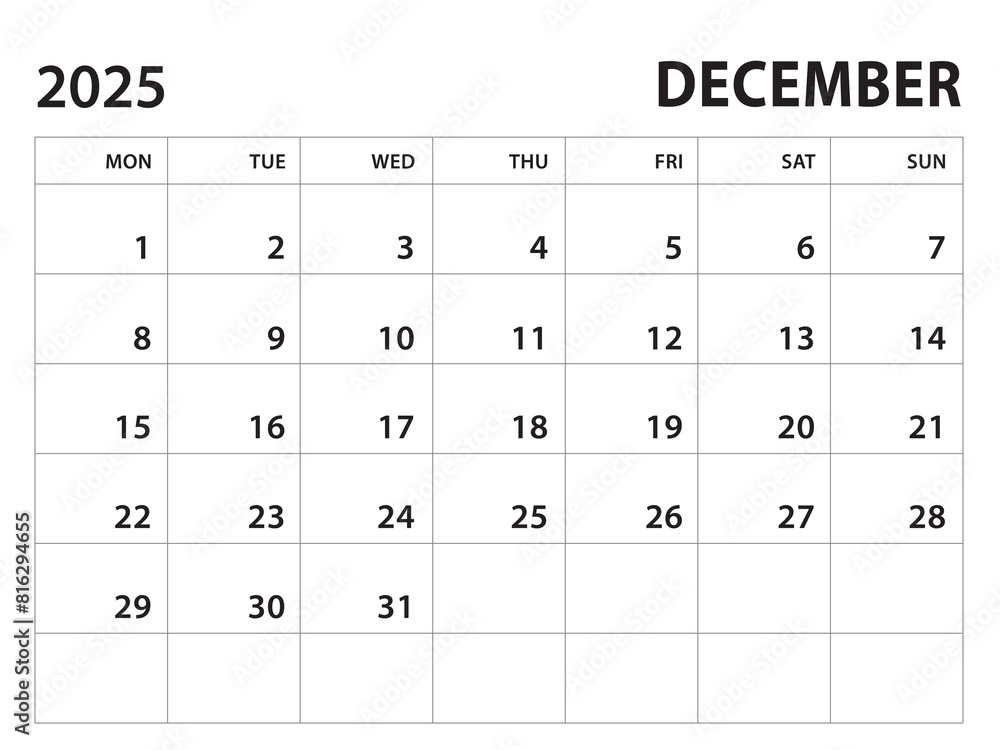 Calendar 2025 template - December 2025 vector on white background, week start on monday, Desk calendar 2025 year, Wall calendar design, corporate planner template, clean style, horizontal template Calendar 2025 template - December 2025 vector on white background, week start on monday, Desk calendar 2025 year, Wall calendar design, corporate planner template, clean style, horizontal template