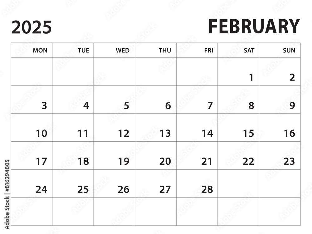 Calendar 2025 template - February 2025 vector on white background, week start on monday, Desk calendar 2025 year, Wall calendar design, corporate planner template, clean style, horizontal template Calendar 2025 template - February 2025 vector on white background, week start on monday, Desk calendar 2025 year, Wall calendar design, corporate planner template, clean style, horizontal template