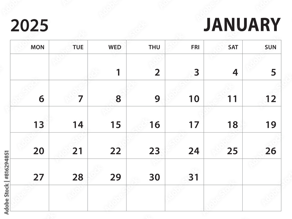 Calendar 2025 template - January 2025 vector on white background, week start on monday, Desk calendar 2025 year, Wall calendar design, corporate planner template, clean style, horizontal template Calendar 2025 template - January 2025 vector on white background, week start on monday, Desk calendar 2025 year, Wall calendar design, corporate planner template, clean style, horizontal template