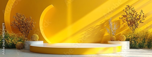 3D rendering of a yellow podium with a yellow background. There are some plants on the podium.