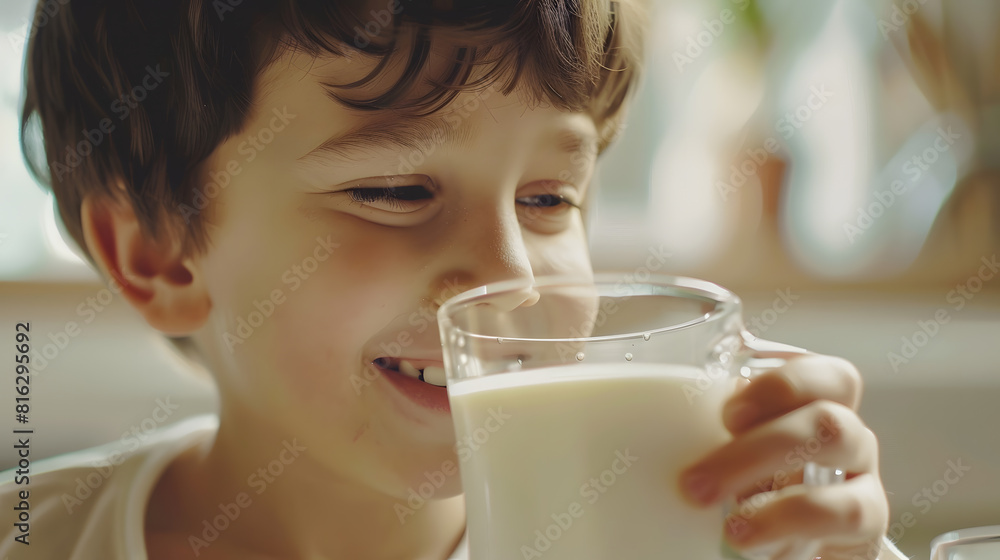 Boy drinking milk from glass And smiling happily under the concept of drinking milk for good health : Generative AI Boy drinking milk from glass And smiling happily under the concept of drinking milk for good health : Generative AI
