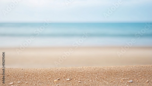 Seascape abstract beach background. blur bokeh light of calm sea and sky. Focus on sand foreground created with generative ai  